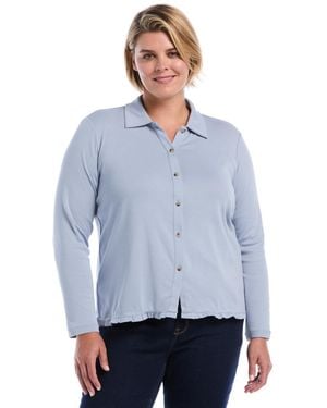 Rafaella Plus Size Long-sleeve Point Collar Ruffle-trim Top - Blue