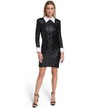 Eliza J Petite Social Sequin Long-sleeve Shirt Collar Dress - Black