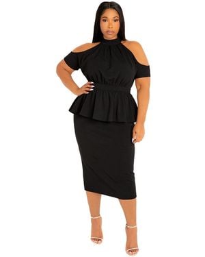 Buxom Couture Plus Size Cut-out Shoulder Peplum Midi Dress - Black
