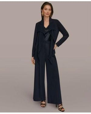 Donna Karan Mixed Media Collared Neck Jacket Pleated Zip Fly Pants - Blue