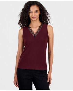 Anne Klein Lace-trim-v-neck Tank Top - Purple