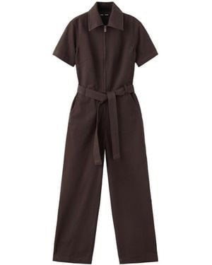 Mango Short-sleeve Notched-lapel Denim Belt Jumpsuit - Brown