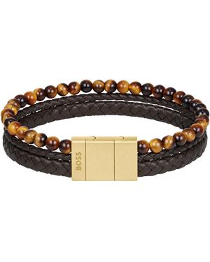 BOSS Sphere Mixed Ionic Plated Leather Yellow Tiger Bracelet - Black