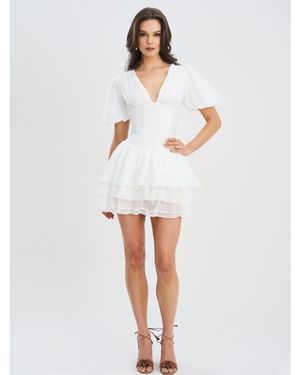 Miss Circle Caitlyn Bubble Sleeve Layered Mini Corset Dress - White