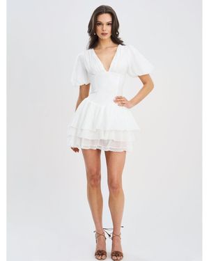 Miss Circle Caitlyn Bubble Sleeve Layered Mini Corset Dress - White