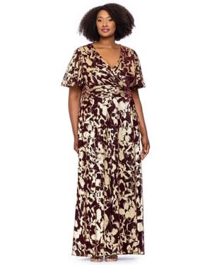 Betsy & Adam Plus Size Foil Fabric V-neck Short-sleeve Gown - Multicolor