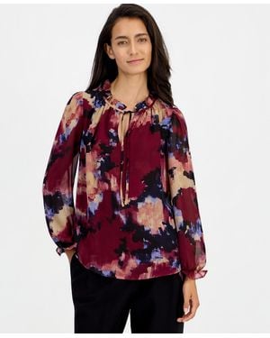 BarIII Ruffle Tie Neck Long-sleeve V-neck Blouse - Red