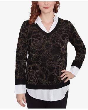 Ruby Rd. Petite Metallic Floral Layered Shirt Collar V-neck Sweater - Black
