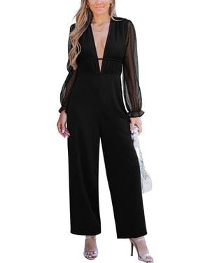 CUPSHE Sheer Sleeve Deep V-neck Wide-leg Jumpsuit - Black