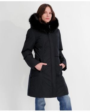 Tahari Velvet Bibbed Faux-fur Hooded Puffer Coat - Black