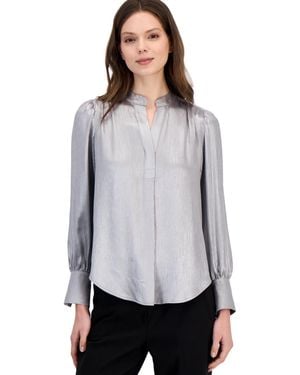 Anne Klein Metallic V-neck Long-sleeve Pleat Blouse - Gray
