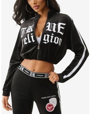 TRUE RELIGION Cropped Velour Track Zip Up Hoodie - Black