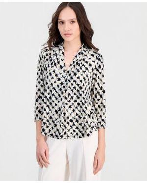 Anne Klein Essentials Printed V Neck 3 4 Sleeve Top - White