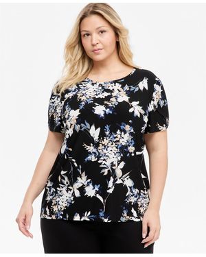 Anne Klein Essentials Plus Size Tuli Floral Tulip-sleeve T-shirt - Black