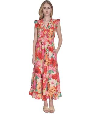 Vince Camuto Floral-print Ruffled-shoulder Dress - Red