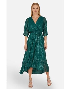 Yumi' Sequin Kimono Midi Wrap Dress - Green