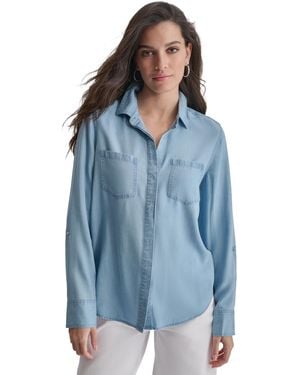 DKNY Roll-tab-sleeve Button-front Shirt - Blue