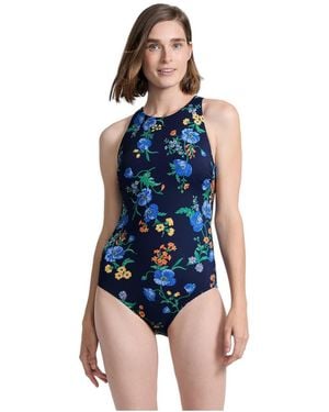 Lands' End Tugless High Neck Portrait Back One Piece Swimsuit - Blue