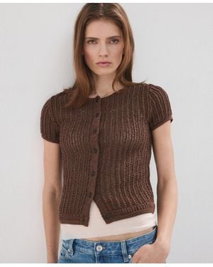Mango Short-sleeved Crochet Cardigan - Brown