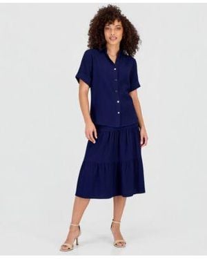 Anne Klein Essentials Petite Short Sleeve Button Front Shirt Pull On Tiered Midi Skirt - Blue