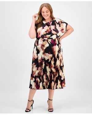 Anne Klein Plus Size Pleated Abstract-print Pull-on Midi Skirt - White