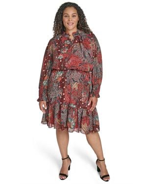 Vince Camuto Plus Size Smocked-sleeve Shirt Dress - Red