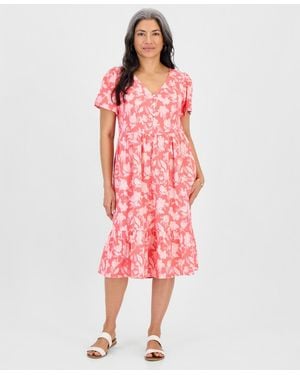 Style & Co. Petite Cotton Flutter-sleeve Midi Dress - Red