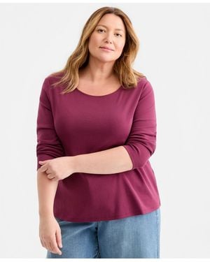 Style & Co. Plus Size Scoop-neck Long-sleeve Top - Red
