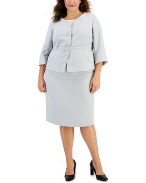Le Suit Plus Size Metallic Tweed Belted Jacket & Pencil Skirt Suit Set - Gray