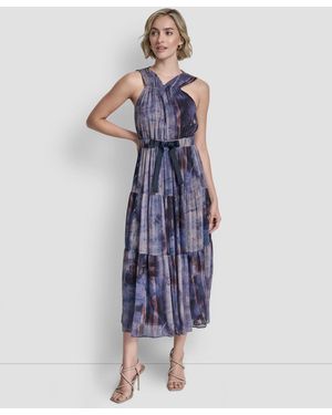 DKNY V-neck Sleeveless Tie Waist Dress - Blue