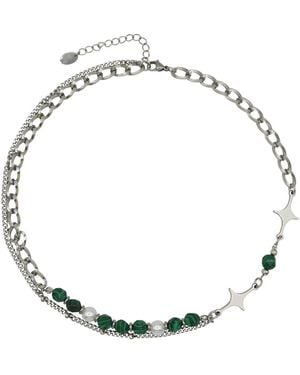 Rebl Jewelry Layered Stainless Steel Green Beaded Neckalce - Metallic