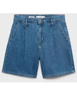 Mango Mid-rise Pleated Denim Bermuda Shorts - Blue