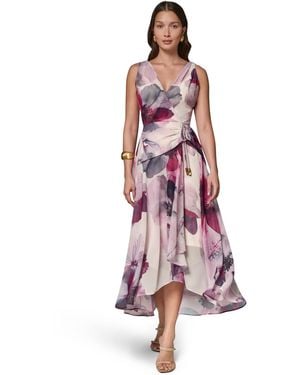 Donna Karan Printed Chiffon Faux Wrap Midi Dress - Red
