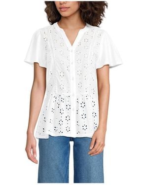 Lands' End Short Sleeve Mixed Media Eyelet Top - White
