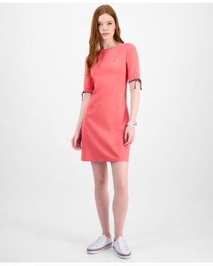Tommy Hilfiger Cotton Boat-neck Tie-sleeve Dress - Red