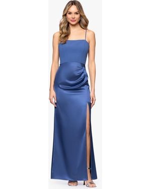 B & A by Betsy and Adam Side Slit Square Neck Ball Gown - Blue