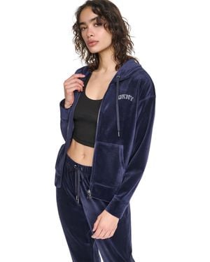 DKNY Velour High-low Hem Zip Hoodie - Blue