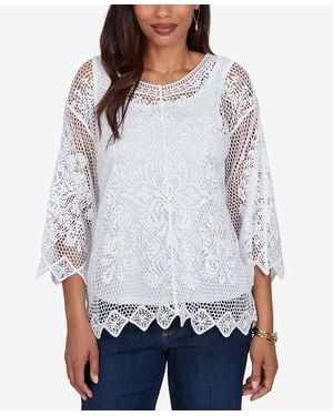 Ruby Rd. Petite Scalloped Medallion Crochet Lined Lace Top - Gray