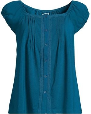 Lands' End Plus Size Sleeveless Lightweight Jersey Pintuck Button Front Blouse - Blue
