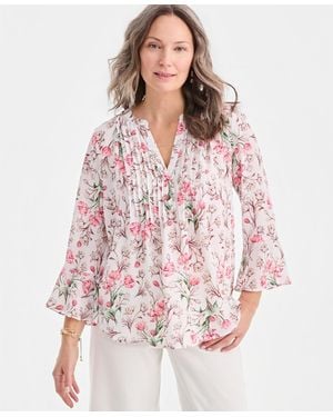 Style & Co. Printed Pintuck Ruffle Sleeve Top - Pink