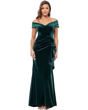 Xscape Petite Ruffled Off-the-shoulder Velvet Gown - Green
