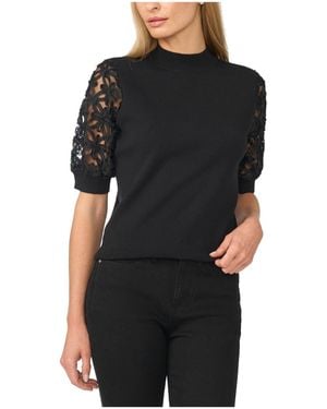 Cece Mock Neck Short-sleeve Floral Sweater - Black