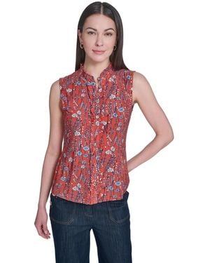 Tommy Hilfiger Band Collar Ruffle Placket Top - Red