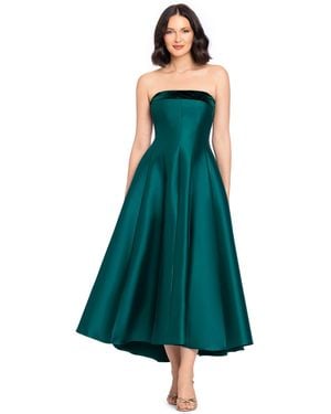 Betsy & Adam Strapless Mikado With Velvet Stripe High Low Fit & Flare Dress - Green