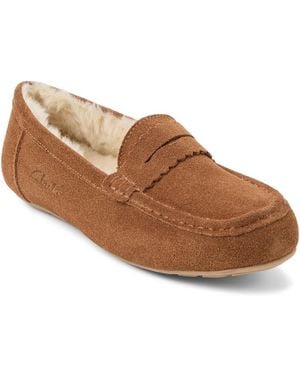 Clarks Memory Foam Moccasin Penny Loafer Suede Slippers - Brown