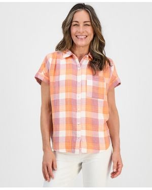 Style & Co. Petite Plaid Button-up Cotton Camp Shirt - Orange
