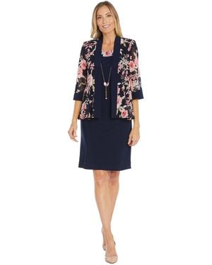 R & M Richards Floral Printed Jacket And Necklace Dress Set - Blue
