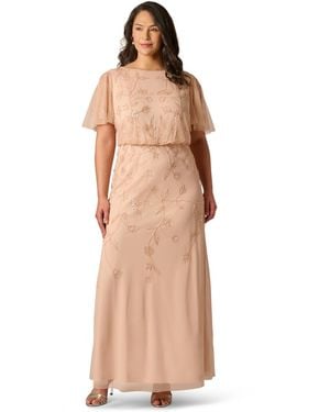 Adrianna Papell Plus Size Boat Neck Beaded Cocktail Ball Gown - Natural