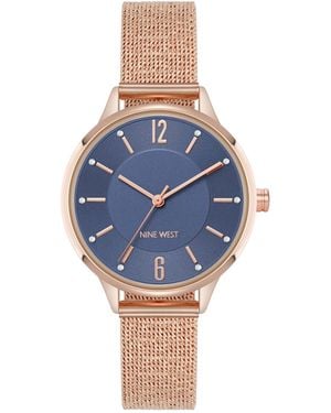 Nine West Quartz Capital Navy And Rose Gold-tone Stainless Steel Mesh Watch - Blue