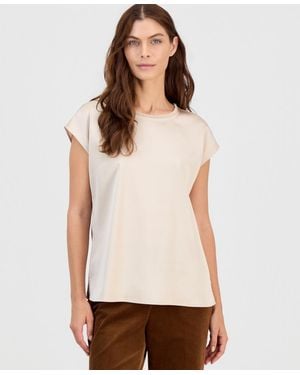 Tahari Sleeveless Fringe Boat Neck Satin Blouse - White